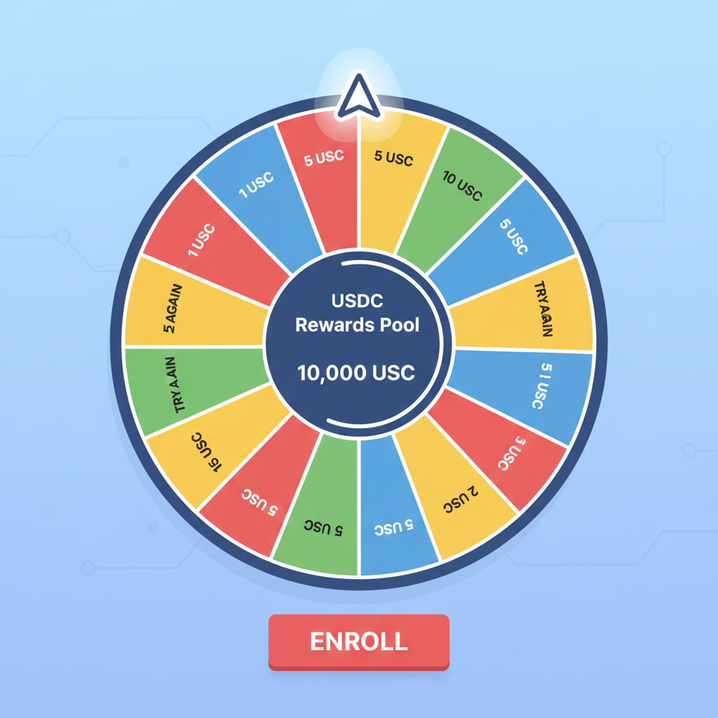 close-up of Base Me app spin wheel interface with USDC rewards pool, enroll button, exciting game-like design