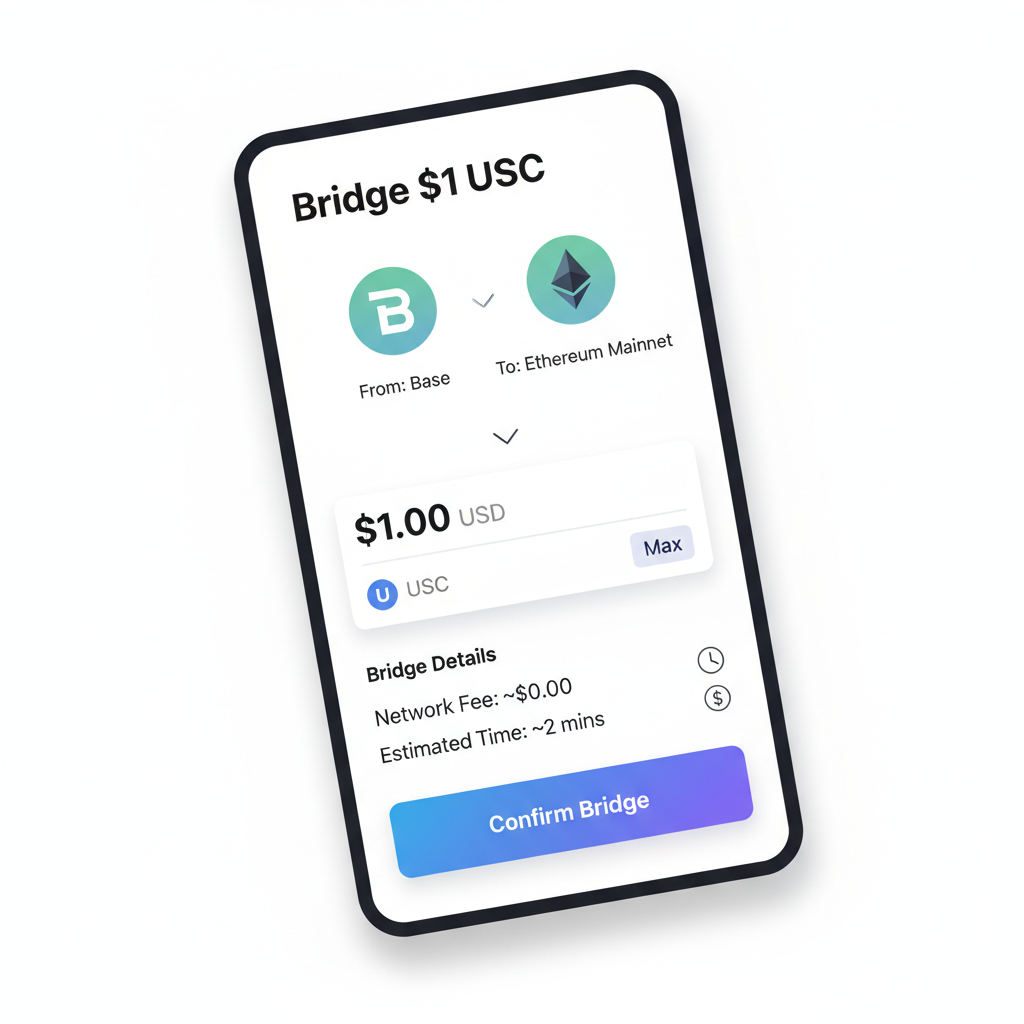 mobile wallet app interface showing Base network selection and $1 USDC deposit via bridge, simple icons, crypto wallet UI