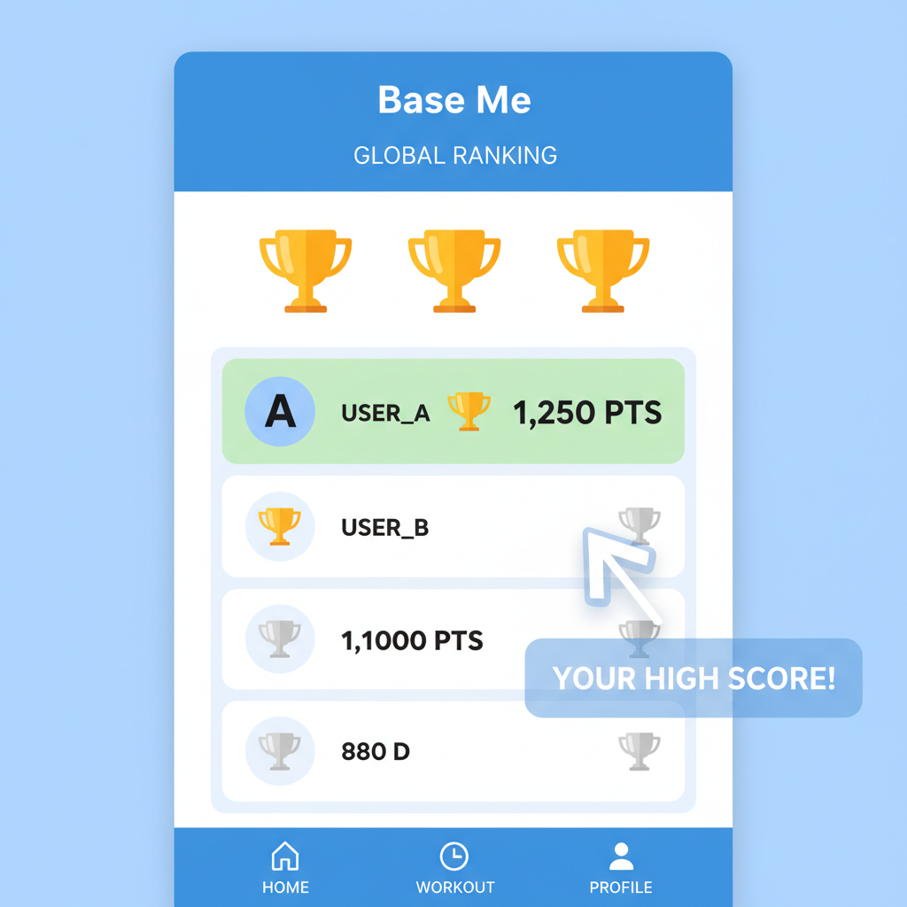 leaderboard screenshot in Base Me app, user ranked high with points, trophy icons