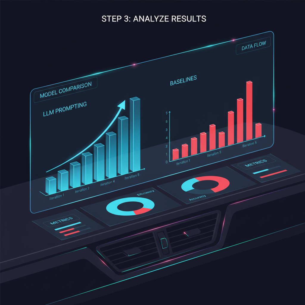 holographic dashboard comparing LLM prompting graphs vs baselines, neon charts rising, sci-fi interface