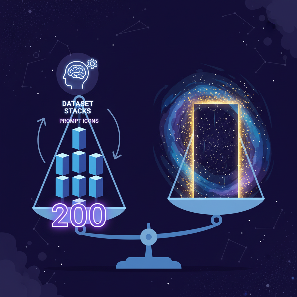 cosmic scale balancing prompt icons and dataset stacks at 200 mark, starry threshold gateway opening