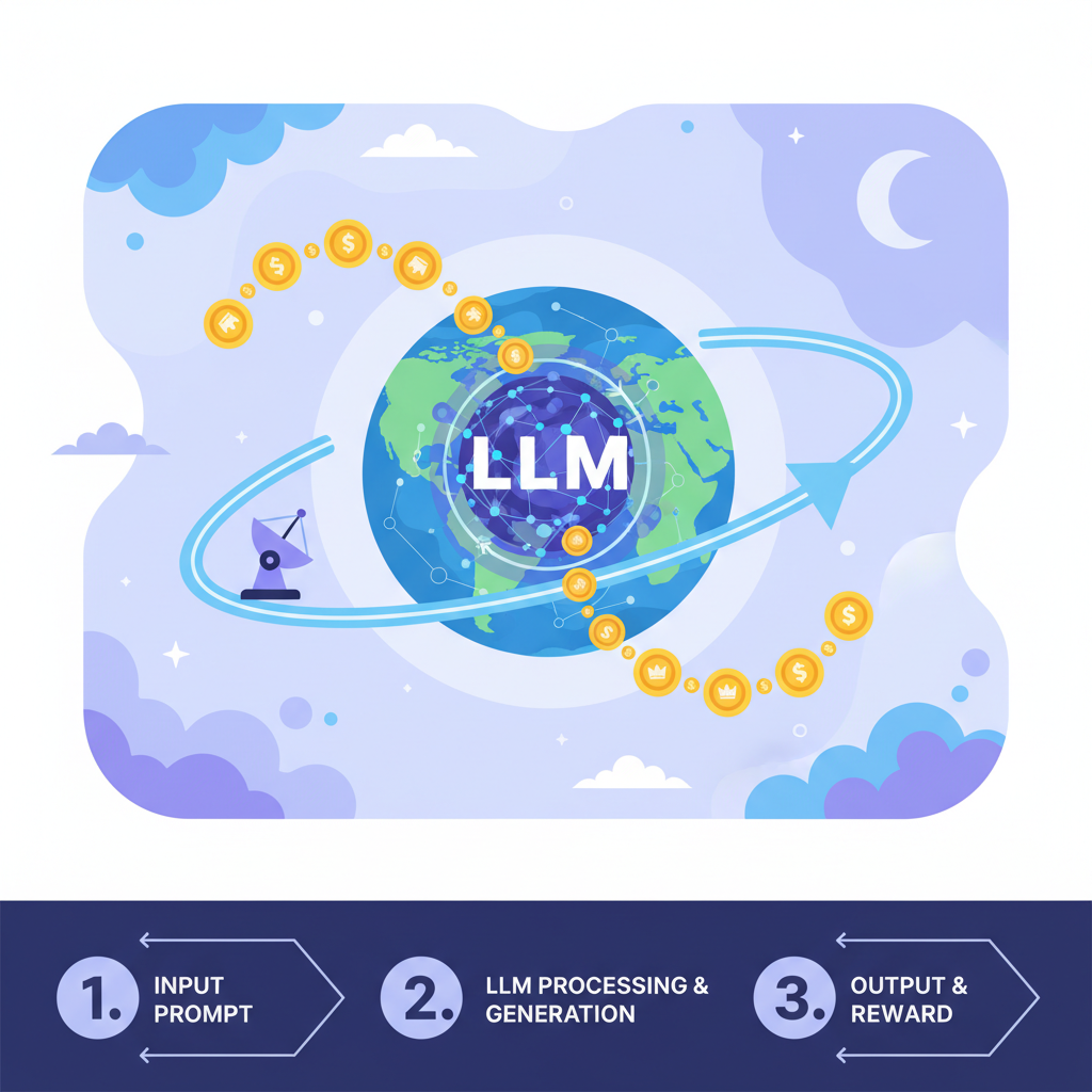 deployed LLM orbiting earth with royalty coins flowing in feedback loop, futuristic space vista