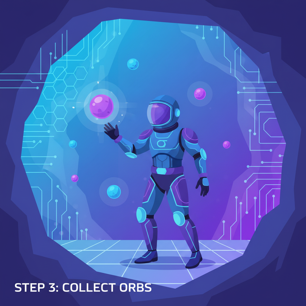 futuristic explorer in glowing data cave collecting shining example orbs, cyberpunk style, vibrant blues and purples