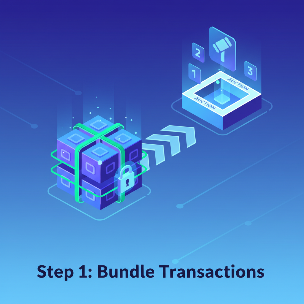 transactions bundled into a secure package for blockchain auction, glowing blocks