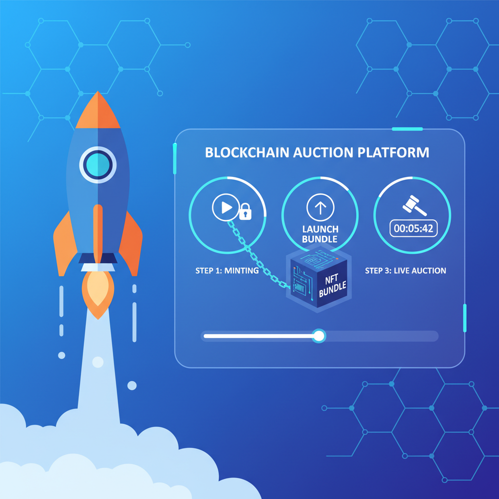 rocket launching bundle into blockchain auction platform, futuristic UI