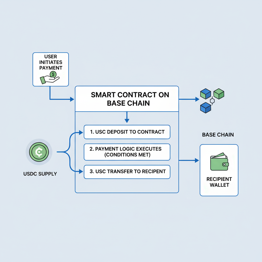 USDC stablecoin integration in smart contract, flowing payments on Base chain, clean flowchart