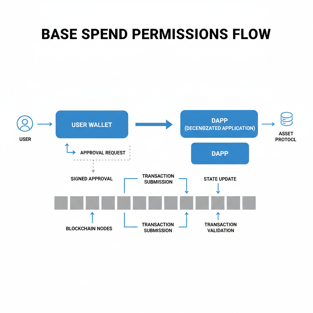 Base Spend Permissions diagram, wallet granting approvals to app, blockchain nodes, professional schematic