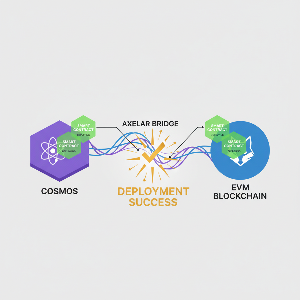 Smart contracts deploying on Cosmos and EVM blockchains connected by Axelar bridge, glowing deployment success