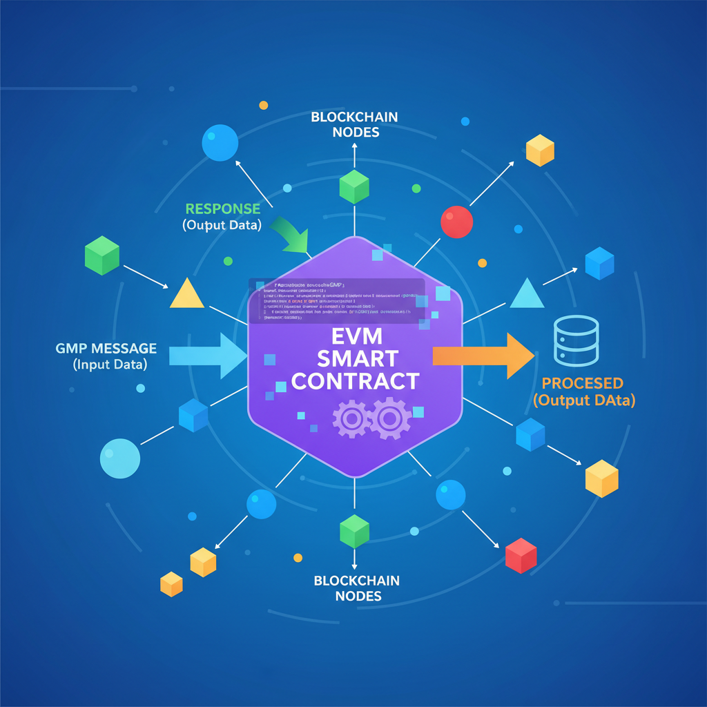 EVM smart contract executing GMP message, processing data and sending response back, vibrant blockchain nodes
