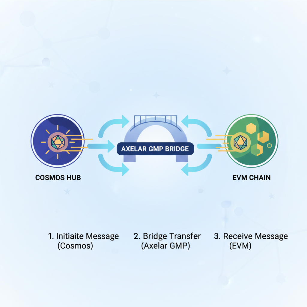 Cosmos chain sending glowing message packet to EVM chain via Axelar GMP bridge, dynamic flow arrows