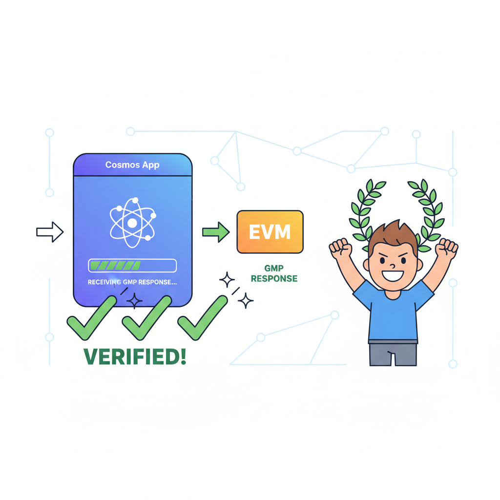 Cosmos app receiving and verifying GMP response from EVM, success checkmarks, triumphant developer
