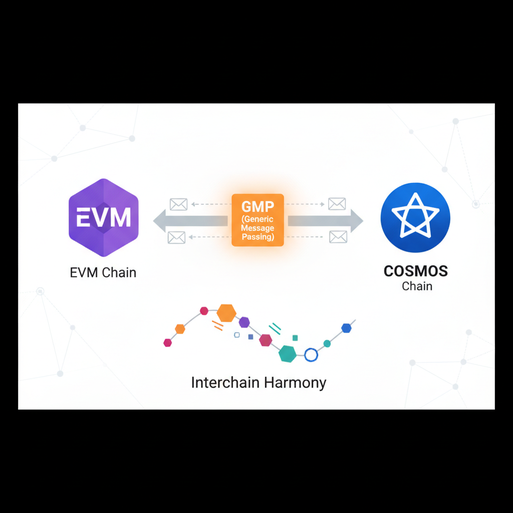 Bidirectional arrow flow between EVM and Cosmos chains via GMP, messages traveling both ways, interchain harmony
