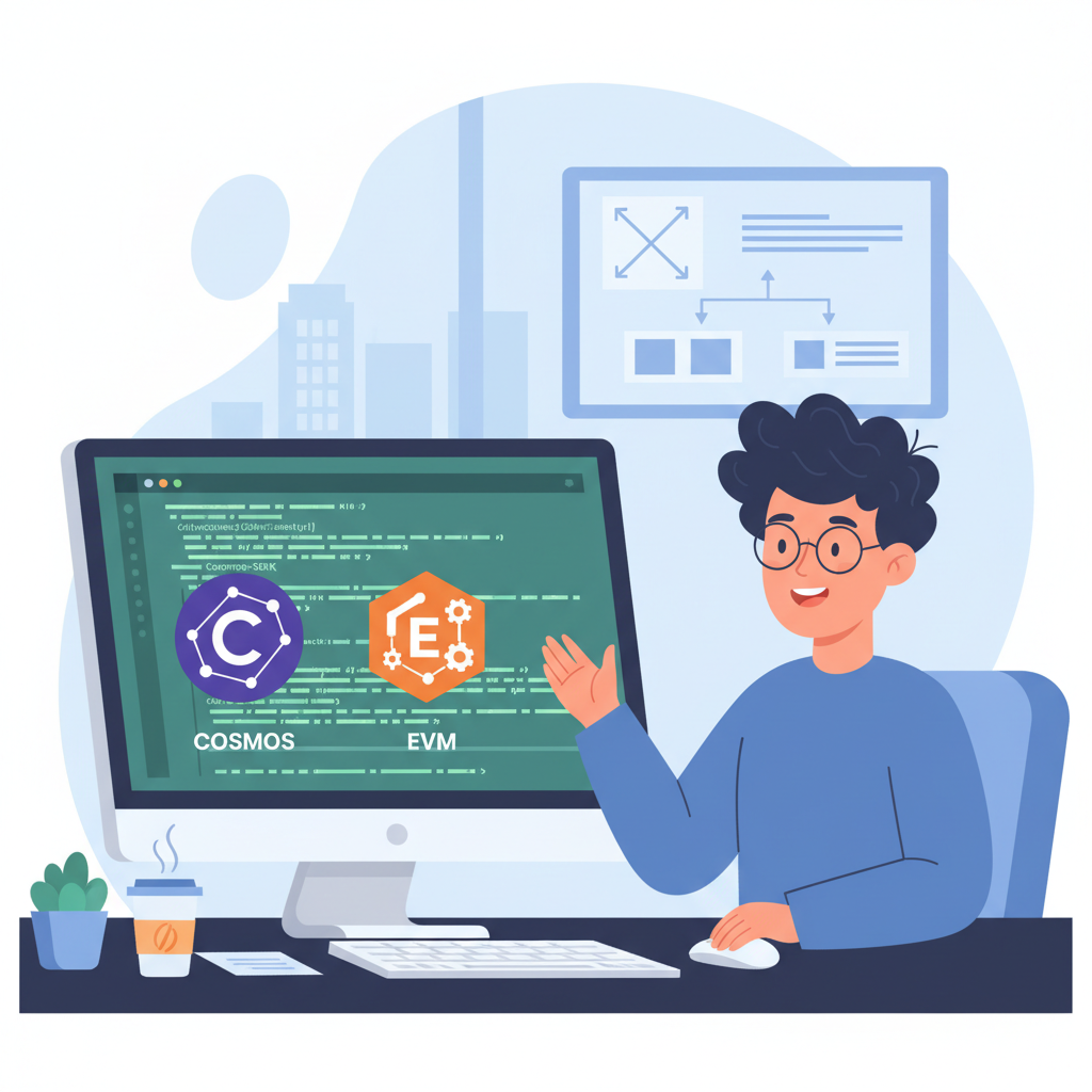 Developer setting up blockchain dev environment with Cosmos and EVM icons, code terminal, enthusiastic vibe