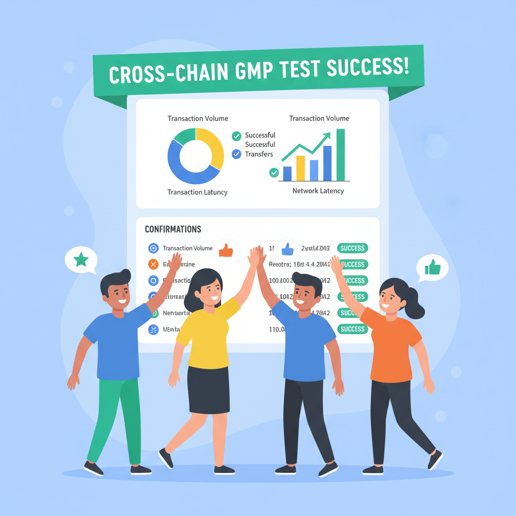 Full cross-chain GMP test success dashboard, charts and confirmations, excited team high-fiving