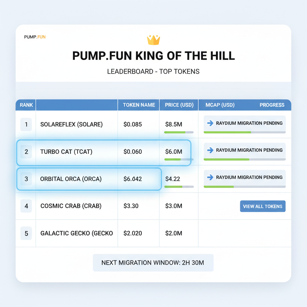 Pump.fun King of the Hill leaderboard dashboard, tokens nearing Raydium migration highlighted