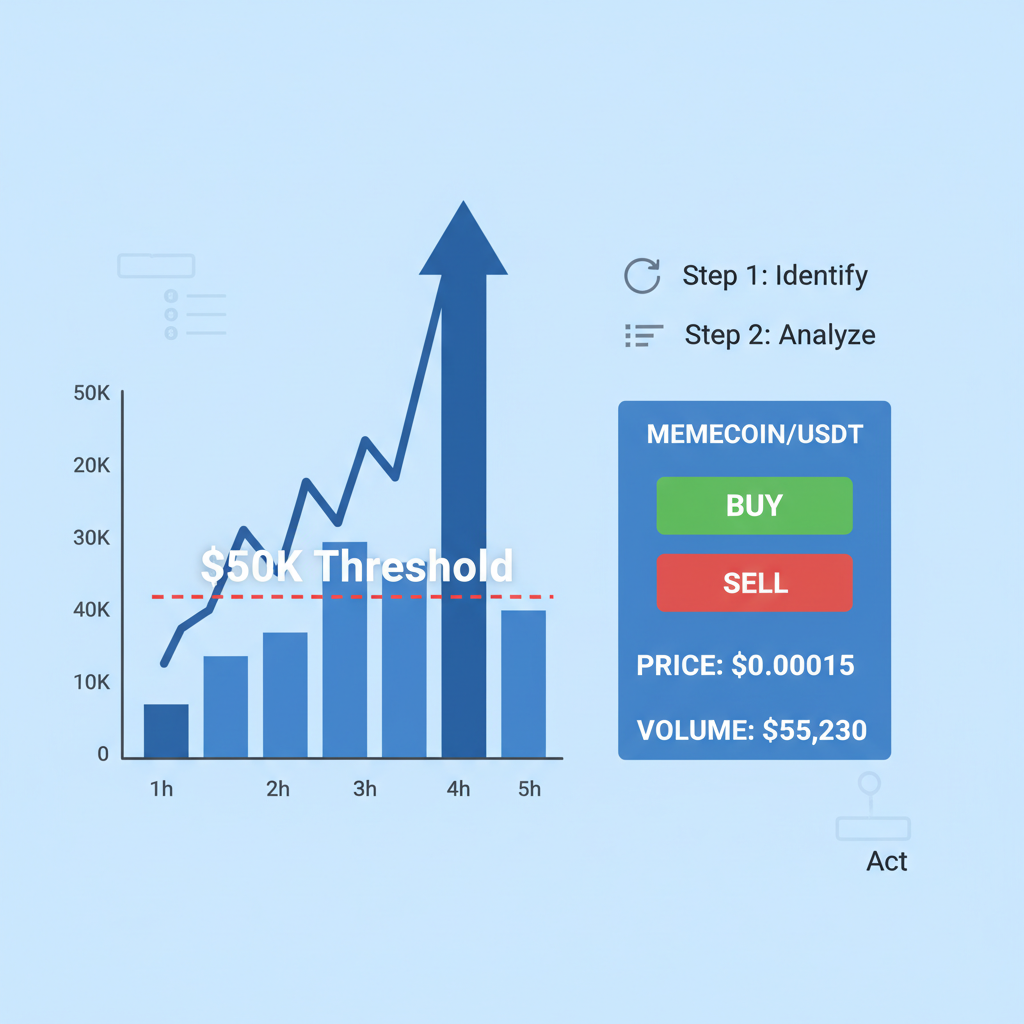 Memecoin volume chart spiking over $50K threshold, trading interface