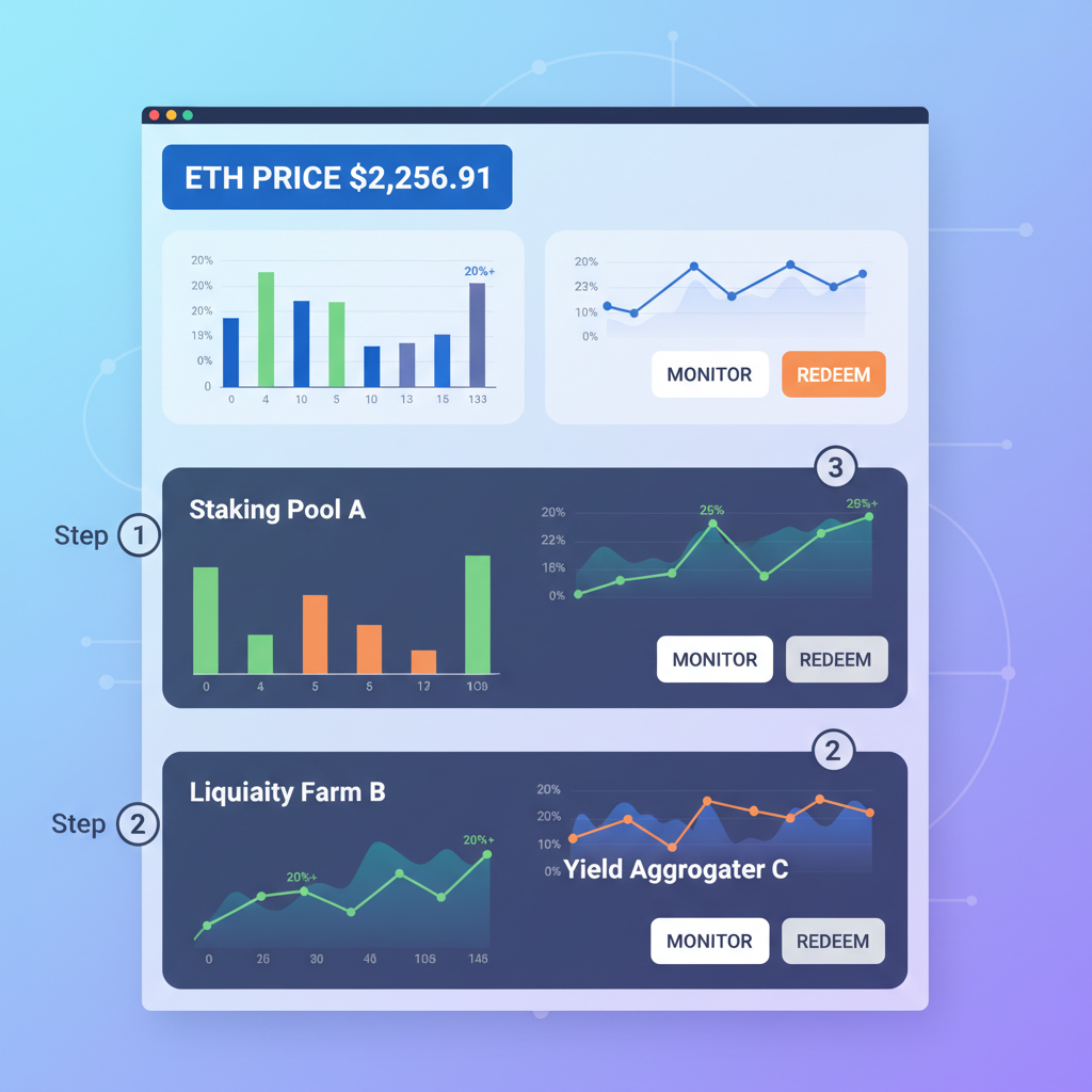DeFi dashboard showing yield charts 20%+, monitor redeem buttons, ETH price $2,256.91