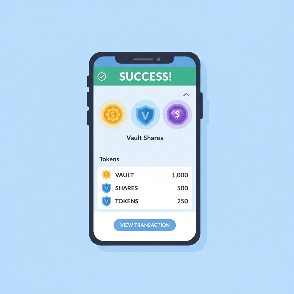vault shares tokens appearing in wallet, success notification, token icons glowing