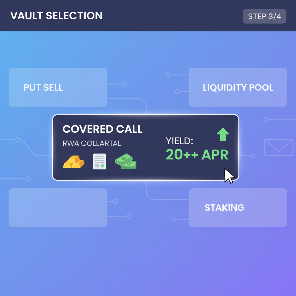 vault selection menu highlighting covered call with RWA collateral icons, yield stats 20%+