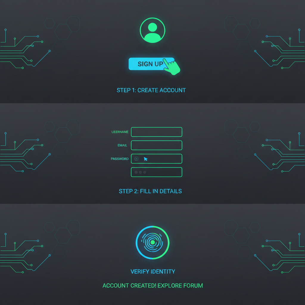 user signing up on futuristic crypto forum dashboard, neon blues and greens