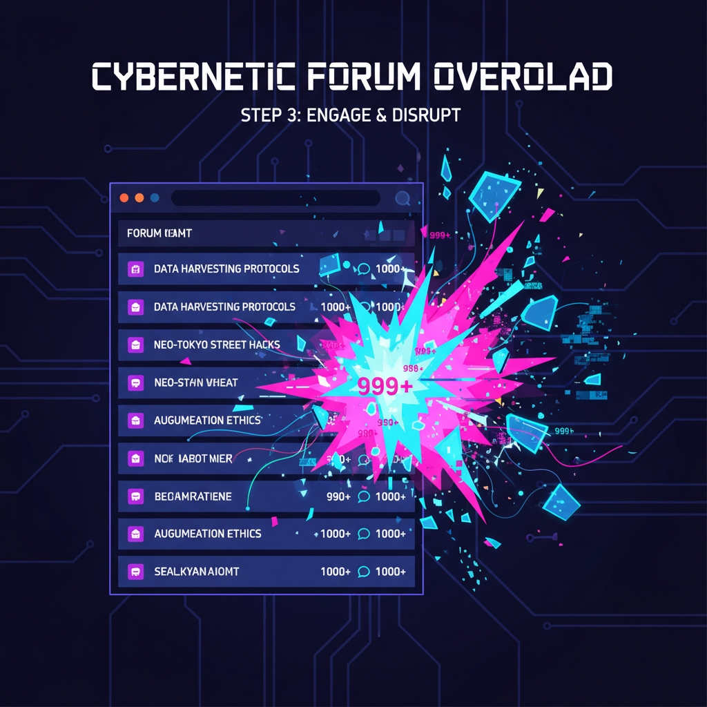 forum thread list with upvotes and comments exploding, cyberpunk forum style