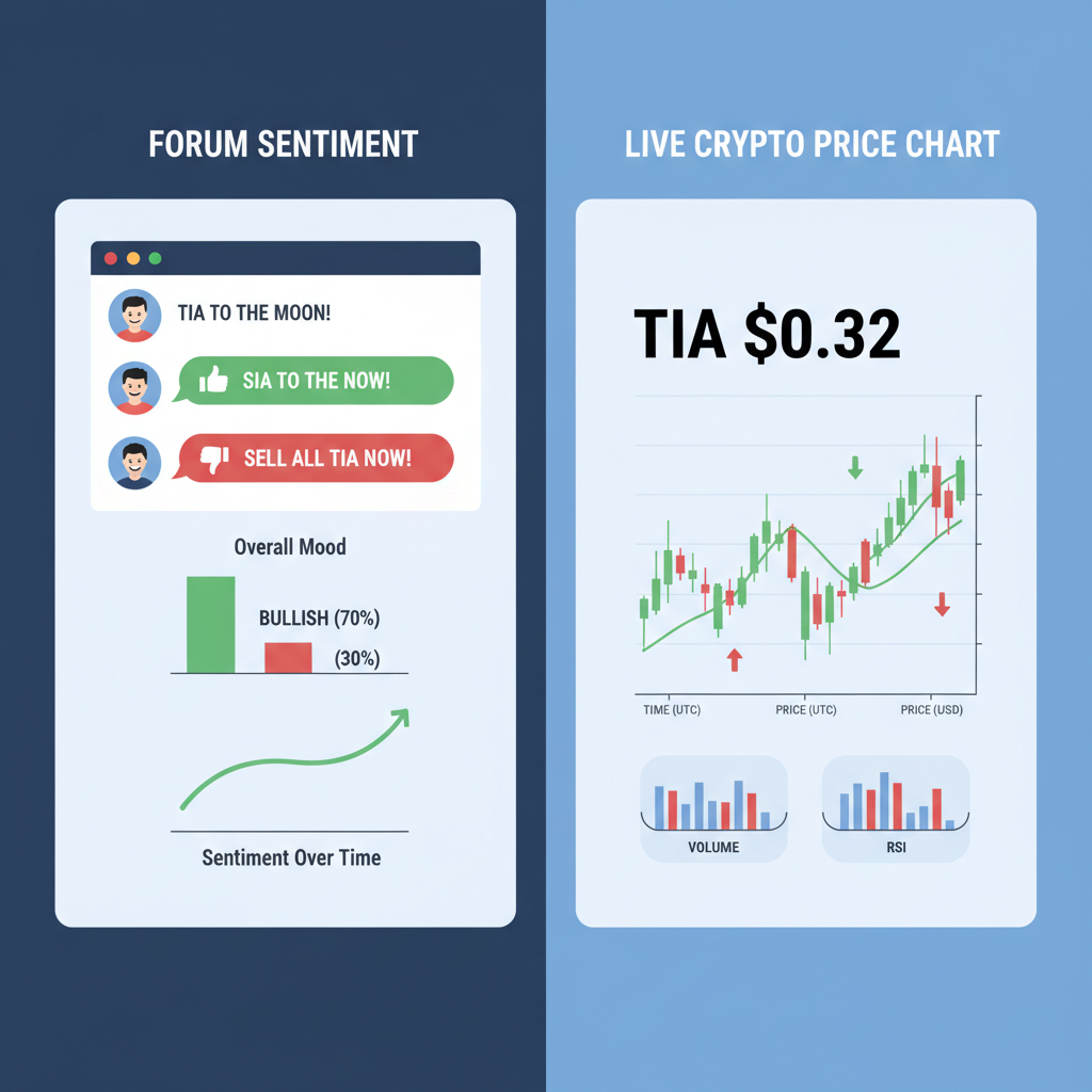split screen forum sentiment and live crypto price chart TIA $0.32, dynamic graphs