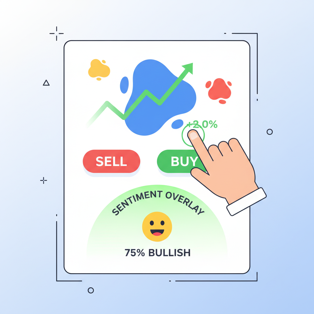 trader clicking buy button on blob exchange with sentiment overlay, action scene