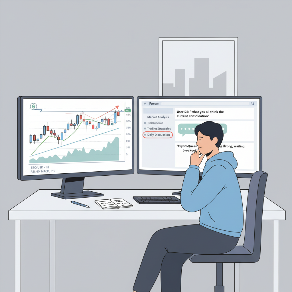 trader reviewing charts and forum notes on dual monitors, reflective mood