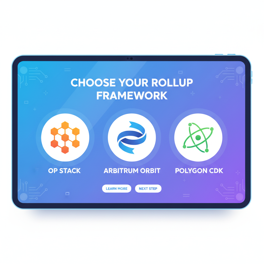 selection screen of rollup frameworks icons OP Stack Arbitrum Orbit, vibrant tech interface