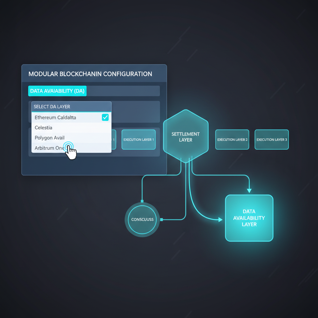 config panel selecting Celestia DA layer, modular blockchain diagram glowing