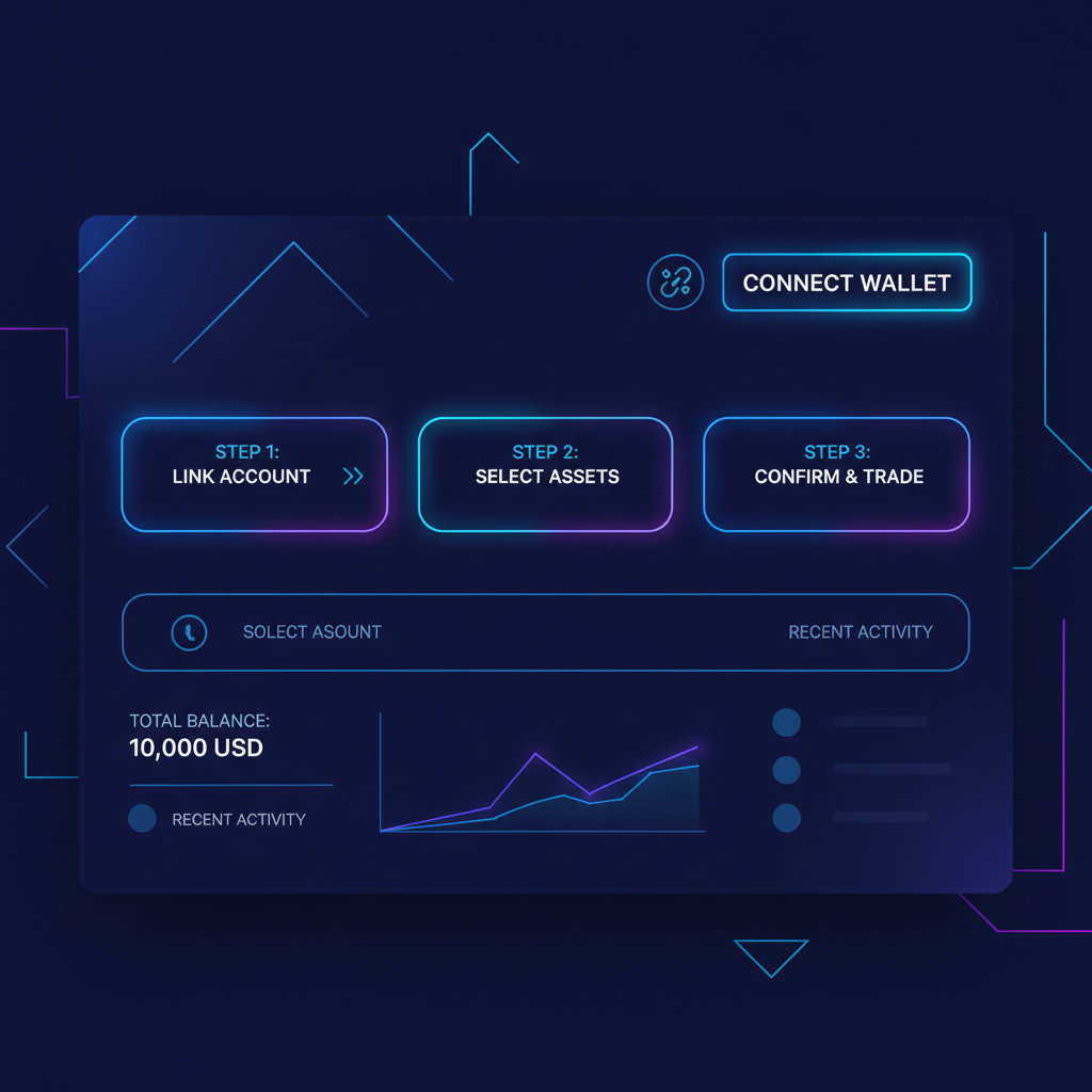 sleek web dashboard with wallet connect button glowing, futuristic UI, neon blues