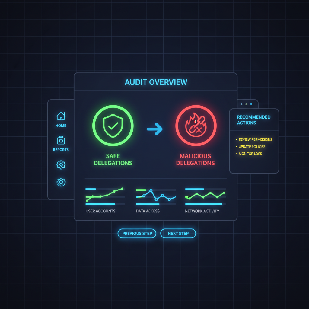 audit dashboard with green safe and red malicious delegation icons, neon UI