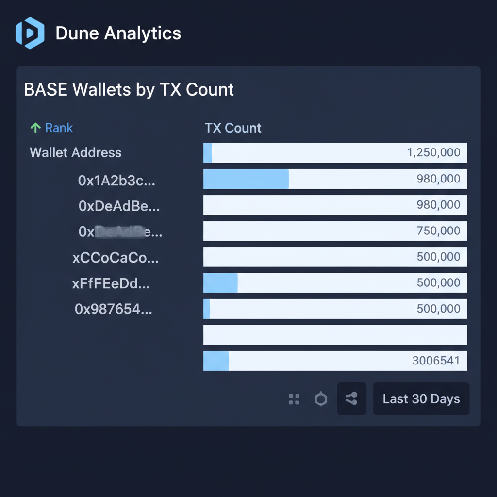 dune analytics dashboard ranking base wallets by tx count, leaderboard chart