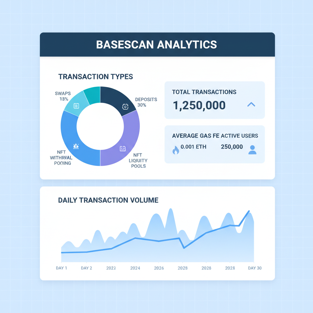 basescan analytics dashboard showing diverse transaction types graph, clean UI, blue theme