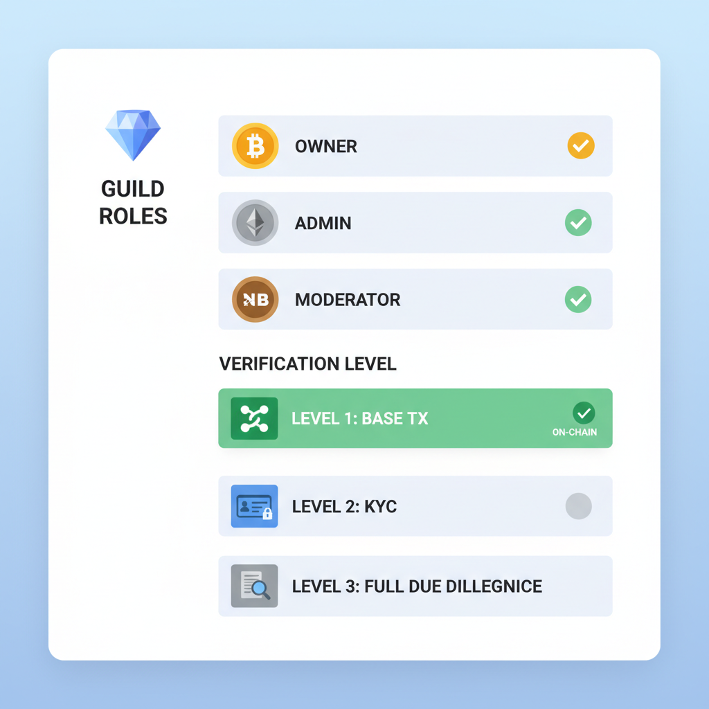 discord guild roles list with base tx verification badges, crypto theme