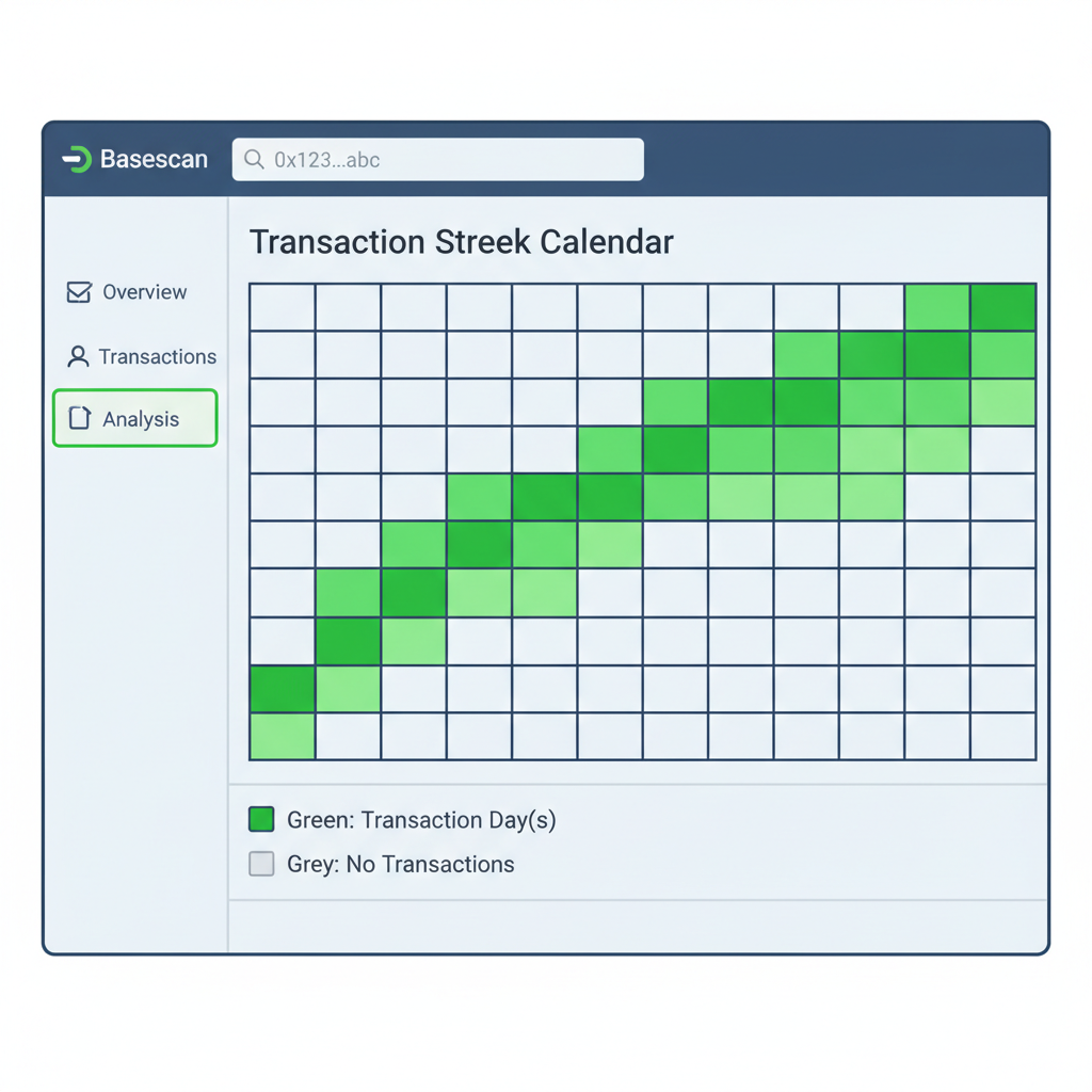 basescan wallet analysis tab displaying transaction streak calendar, green highlights