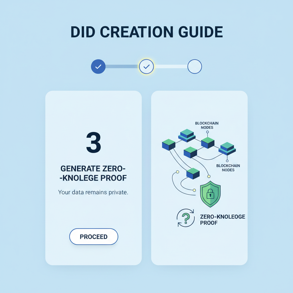 app screen showing DID creation process, blockchain nodes, zero-knowledge icons