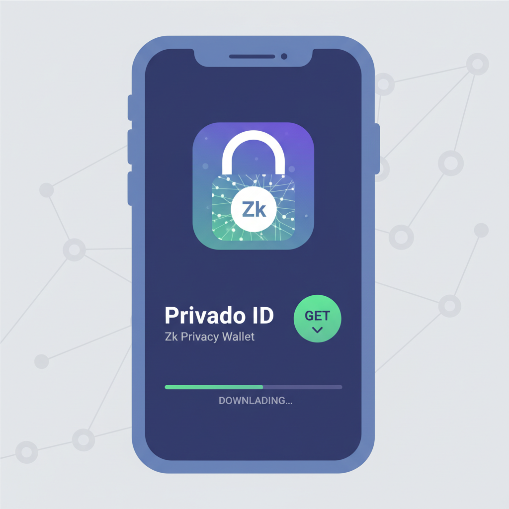 smartphone downloading Privado ID app from store, clean UI, zk privacy theme
