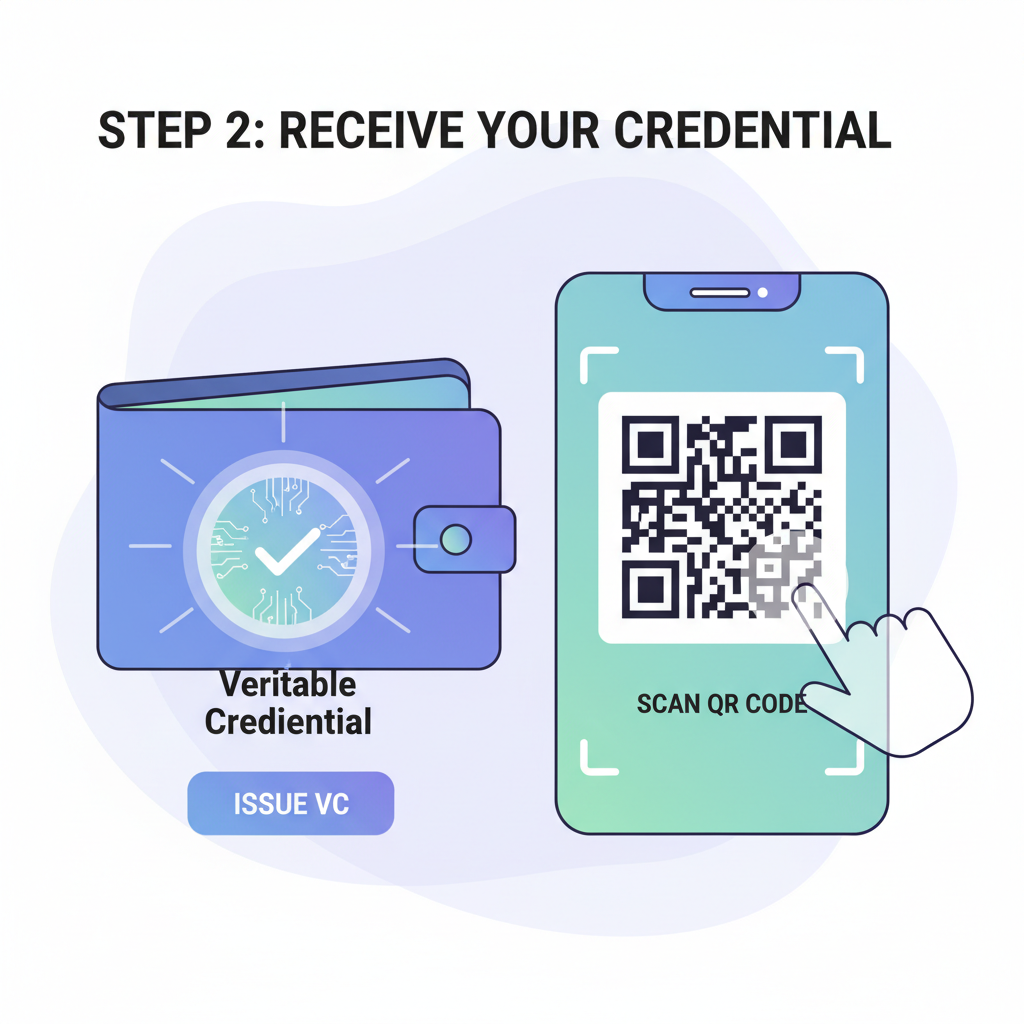 wallet interface issuing VC, QR scan, verifiable credential badge glowing