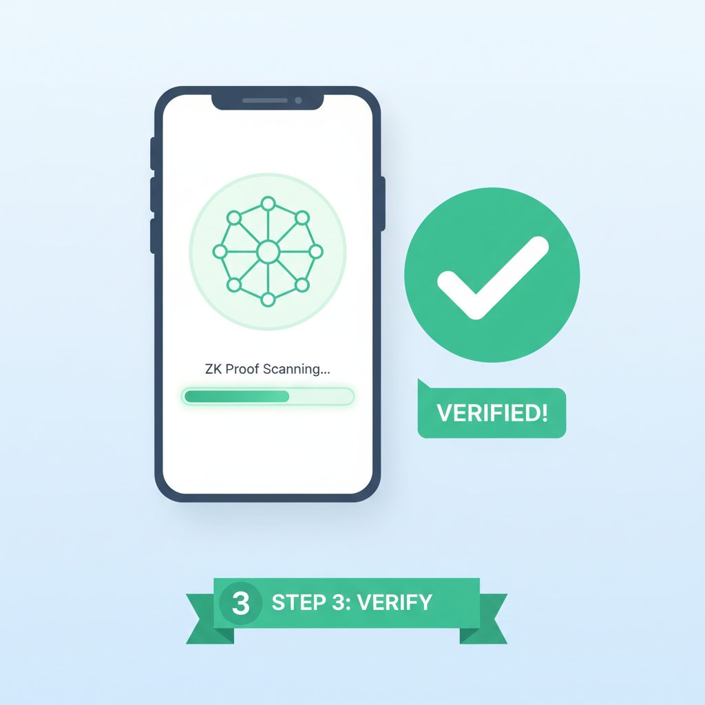 dApp verification screen, ZK proof scanning, green checkmark, decentralized web