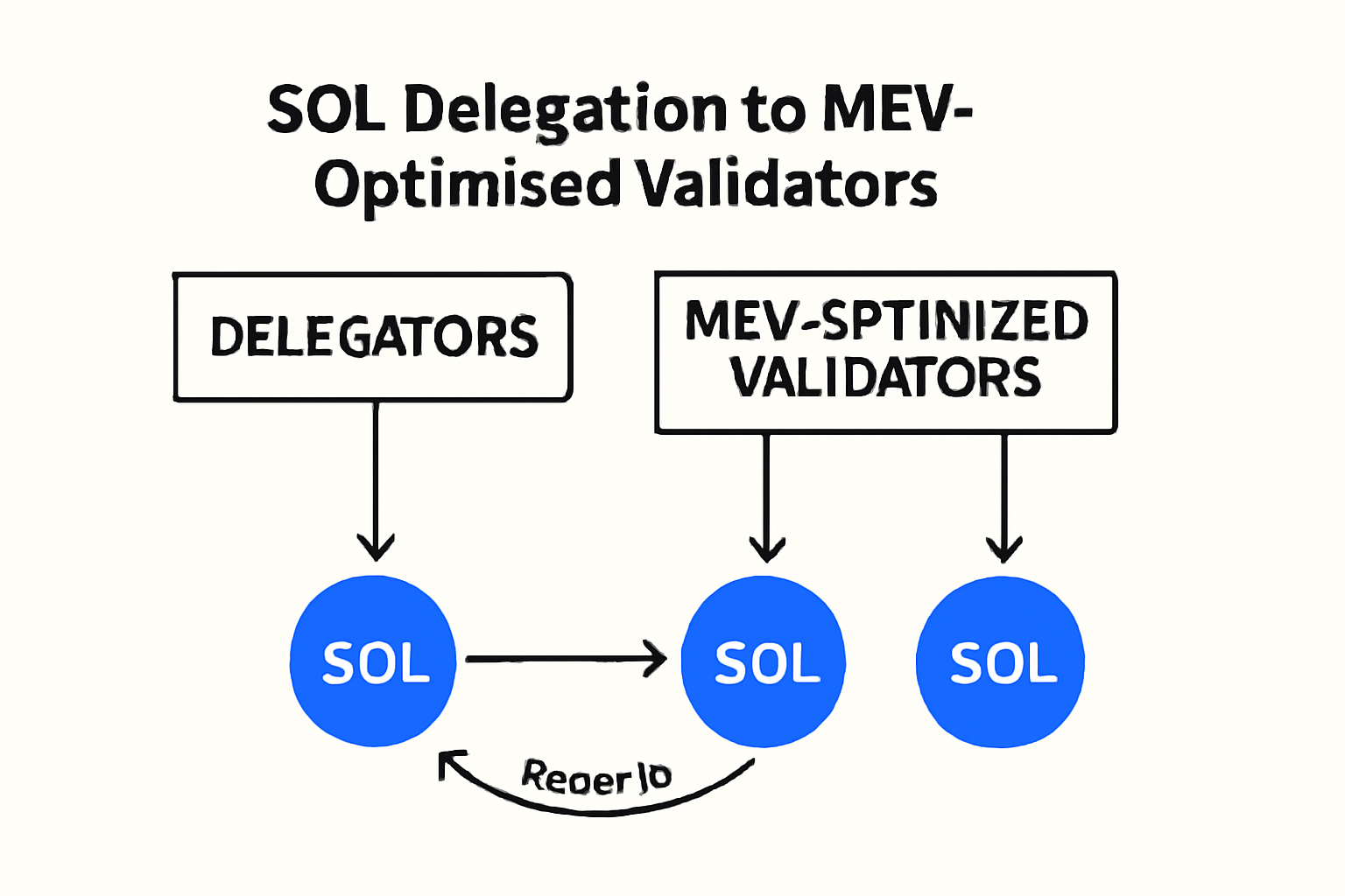 A network diagram showing SOL delegation to MEV-optimized validators with arrows indicating reward flows.