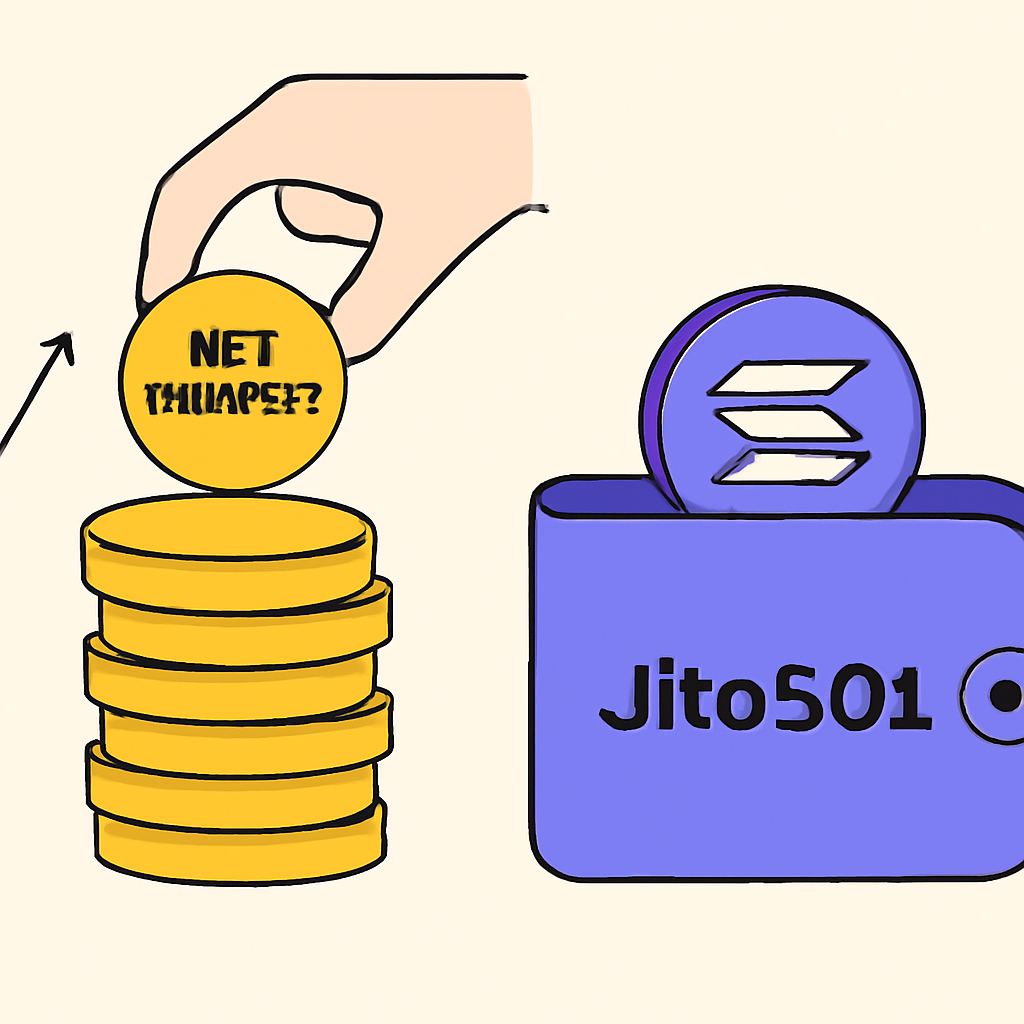 A growing stack of coins labeled 'MEV Rewards' being added to a digital wallet holding JitoSOL.