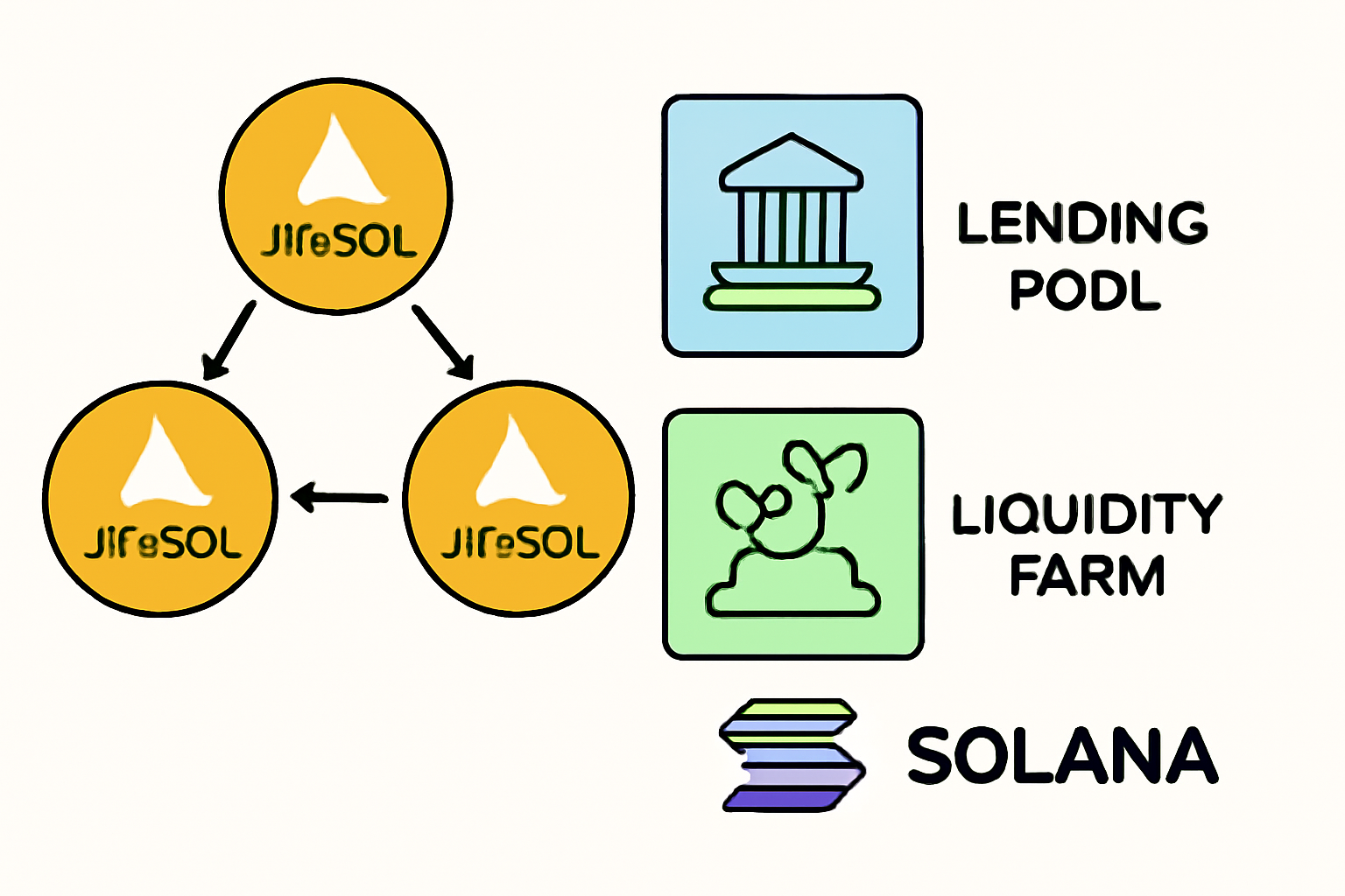 JitoSOL tokens interacting with multiple DeFi platforms, such as lending pools and liquidity farms, on the Solana blockchain.