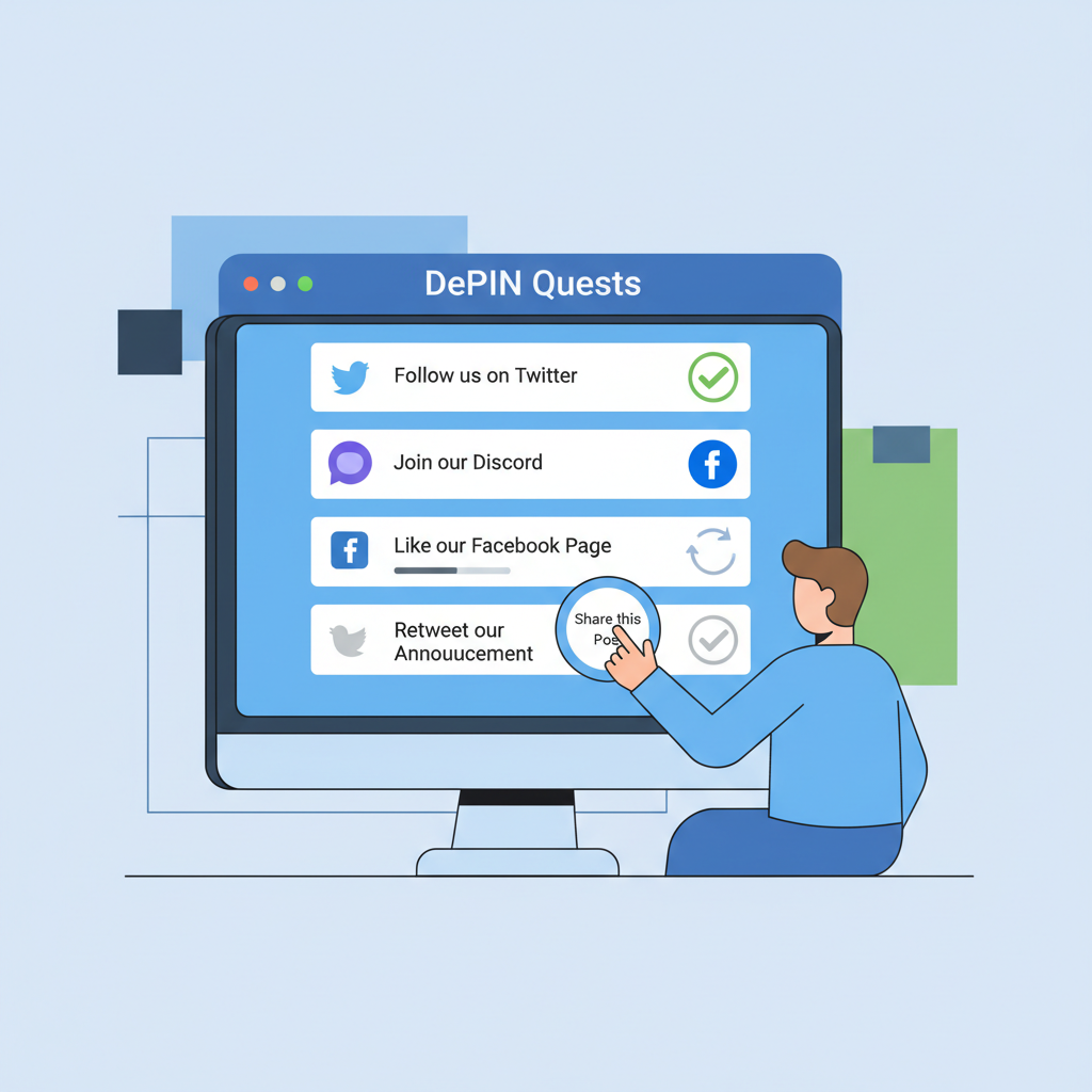 user completing social media quests on DePIN dashboard with checkmarks