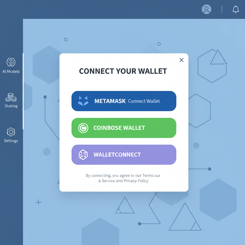 sleek wallet connection interface on decentralized AI platform dashboard