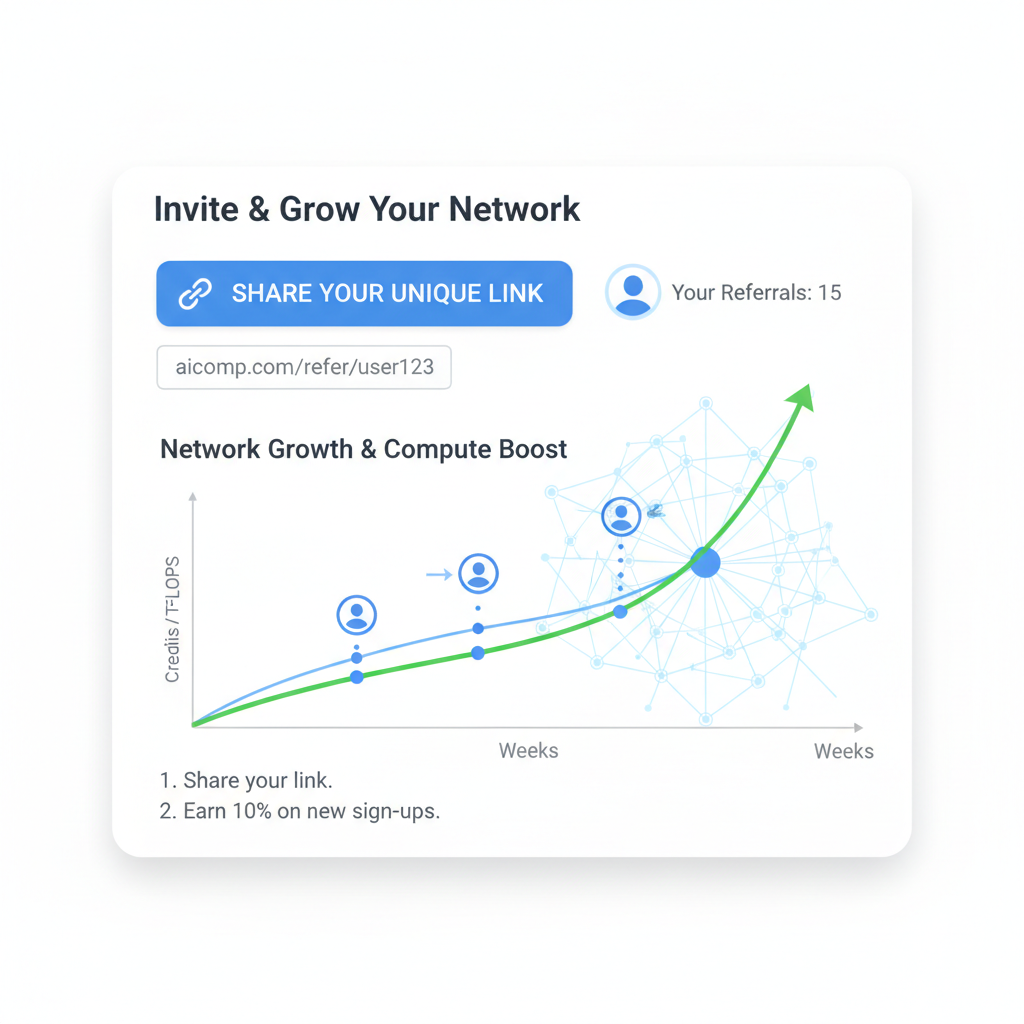 referral link sharing screen with network growth chart on AI compute platform