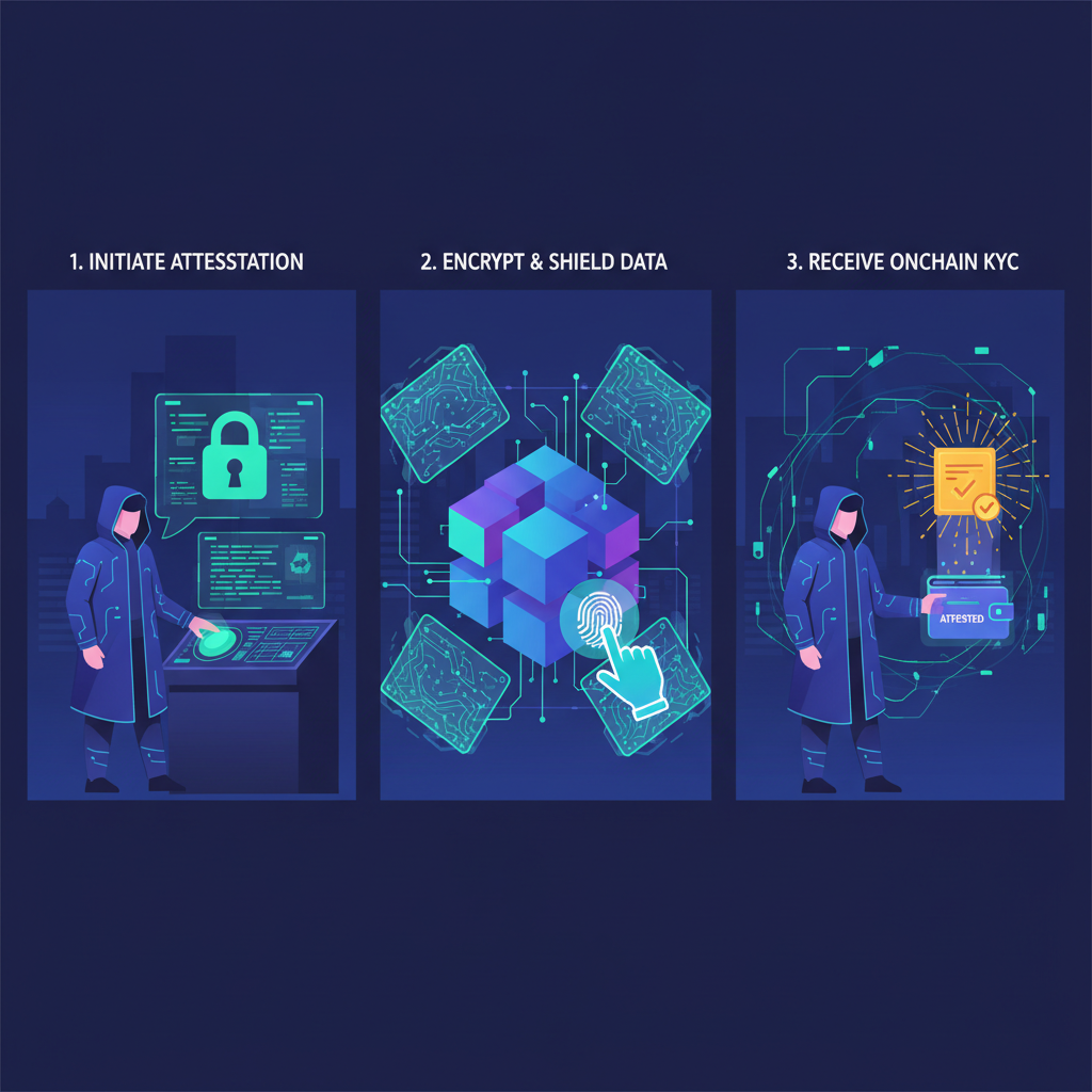 user issuing onchain KYC attestation, blockchain glowing, privacy shields, cyberpunk style