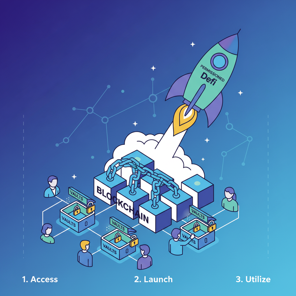 launching permissioned DeFi platform, rocket blasting off blockchain, users accessing vaults, vibrant