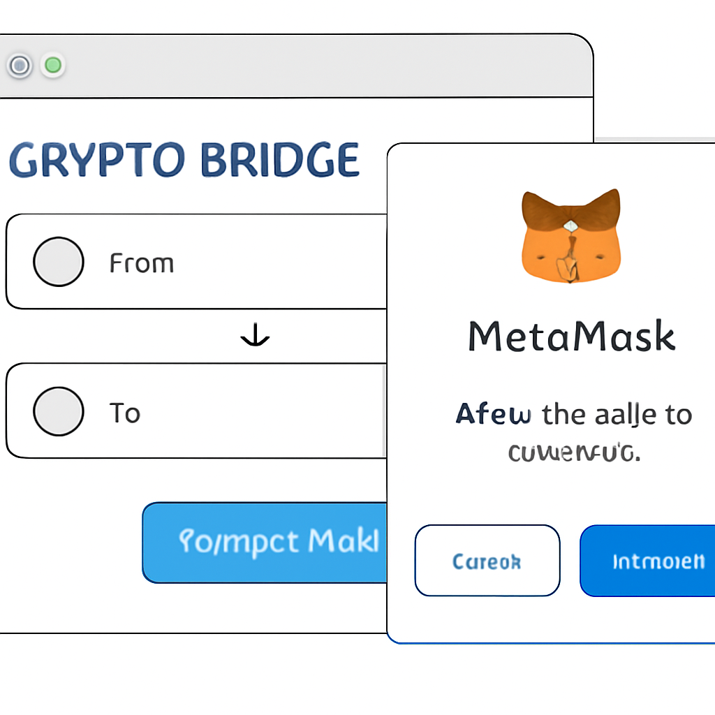 A browser window showing a crypto bridge website with a 'Connect Wallet' button and a pop-up MetaMask approval screen.