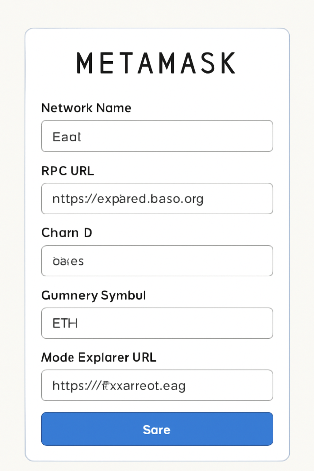 A form being filled out in MetaMask with the Base network details: Network Name, RPC URL, Chain ID, Currency Symbol, and Block Explorer URL, in a technical and precise layout.